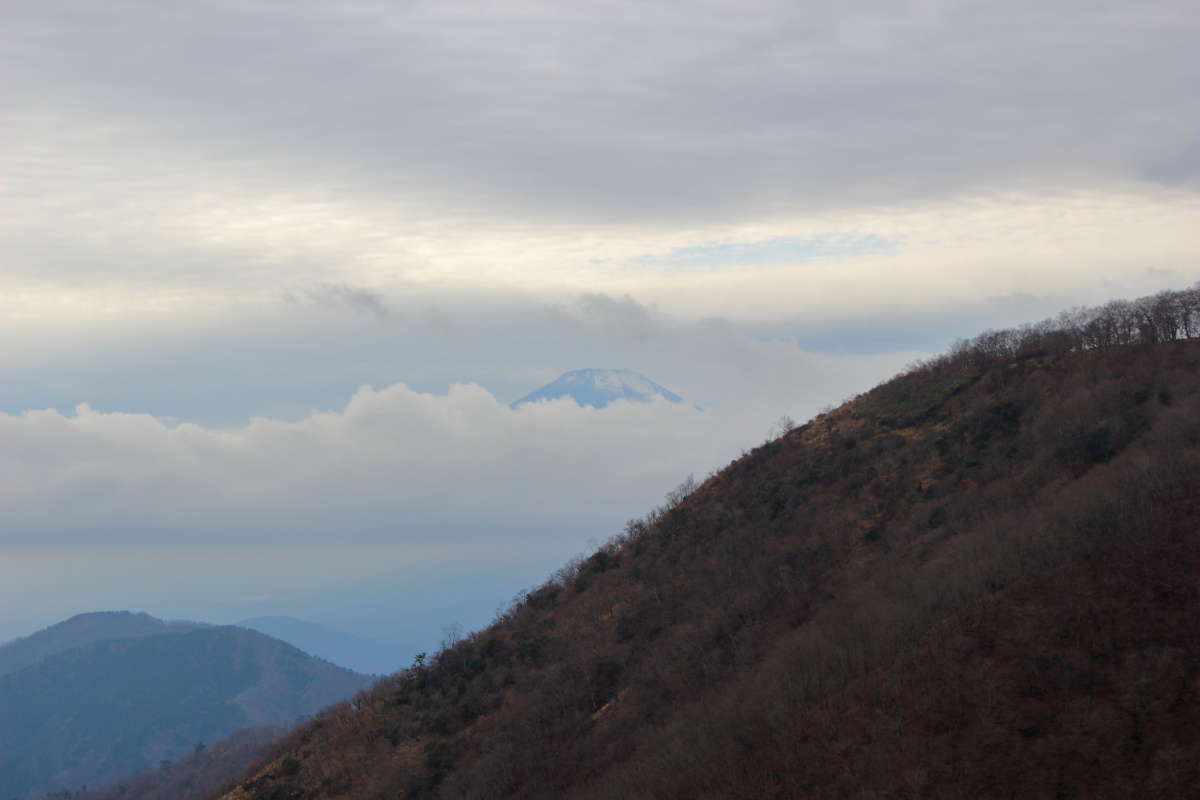 頭を少しだけ雲から出した富士山