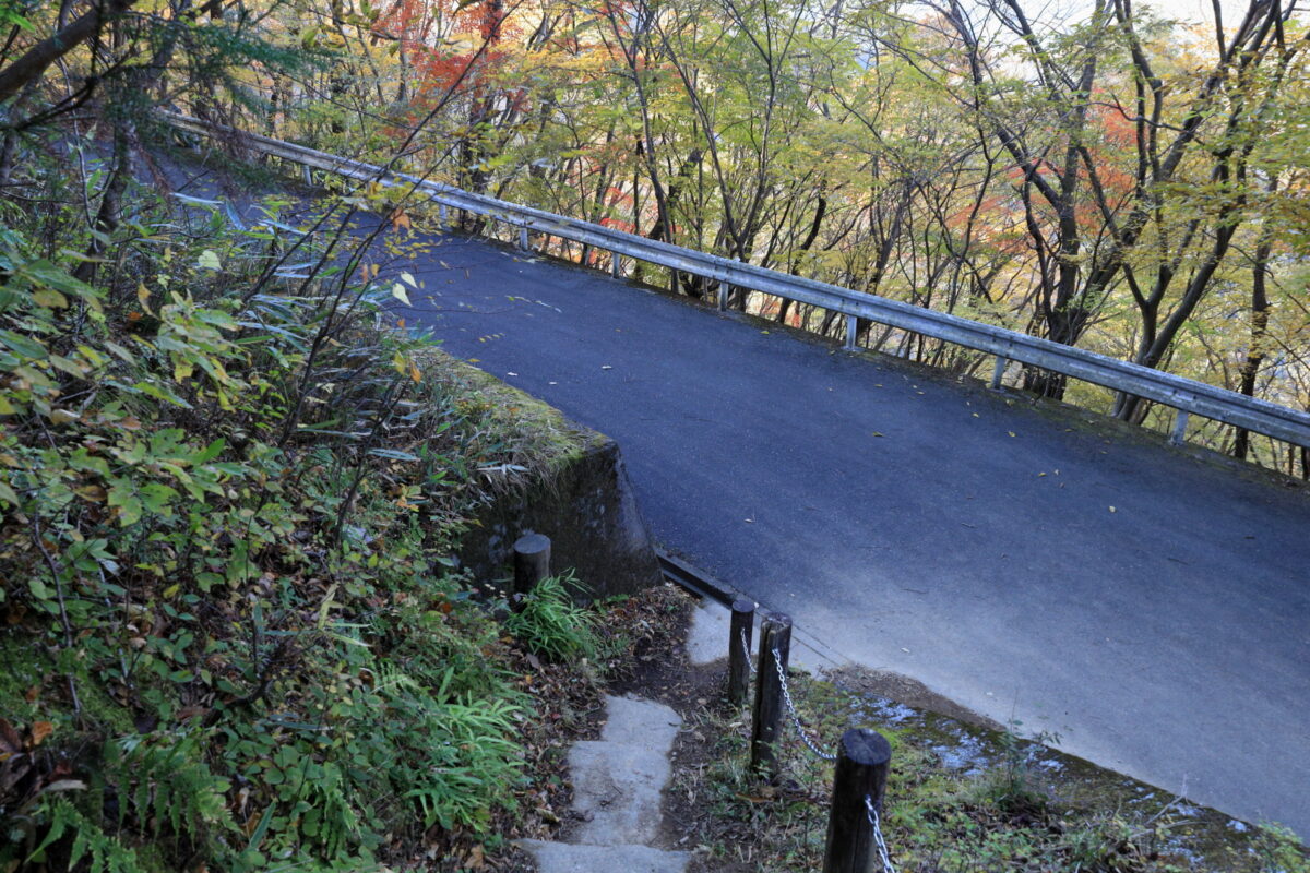 滝ノ平尾根ルートが横切る車道