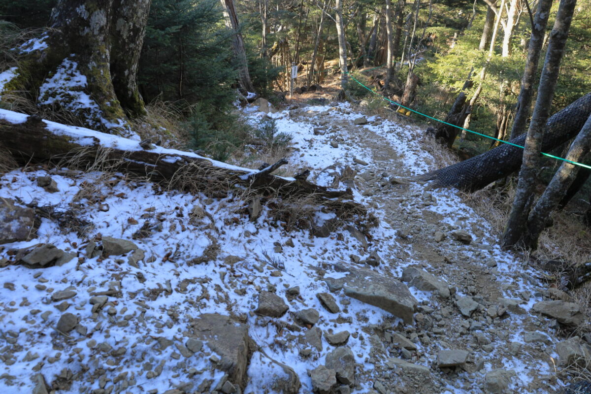 雪が少し残る雲取山から雲取山荘への急な下り