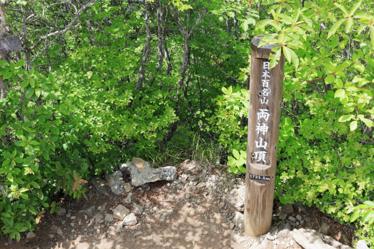 両神山山頂の片隅にある山頂を示す標柱