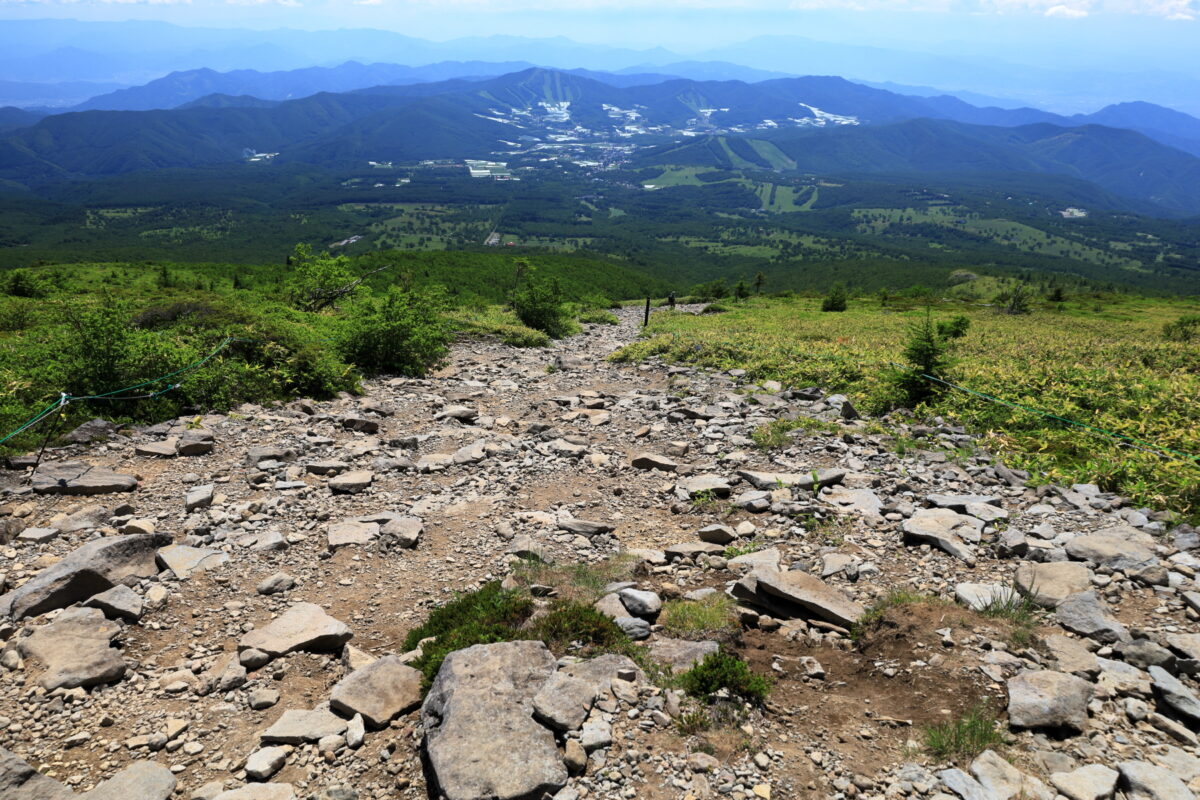 根子岳山頂から菅平高原へ徳らる開放的な登山道