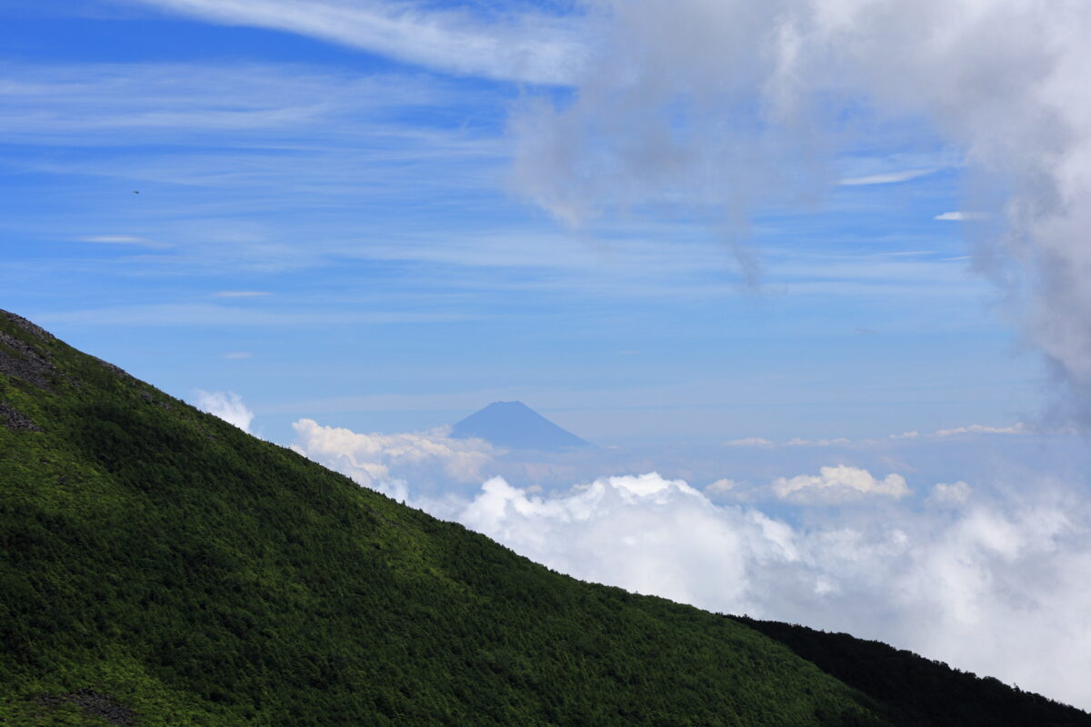 西岳山頂から編笠山越しに眺める富士山