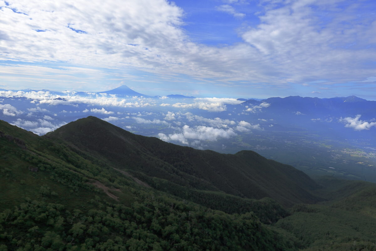 東ギボシ山頂からの富士山と甲府盆地、南アルプスの眺め
