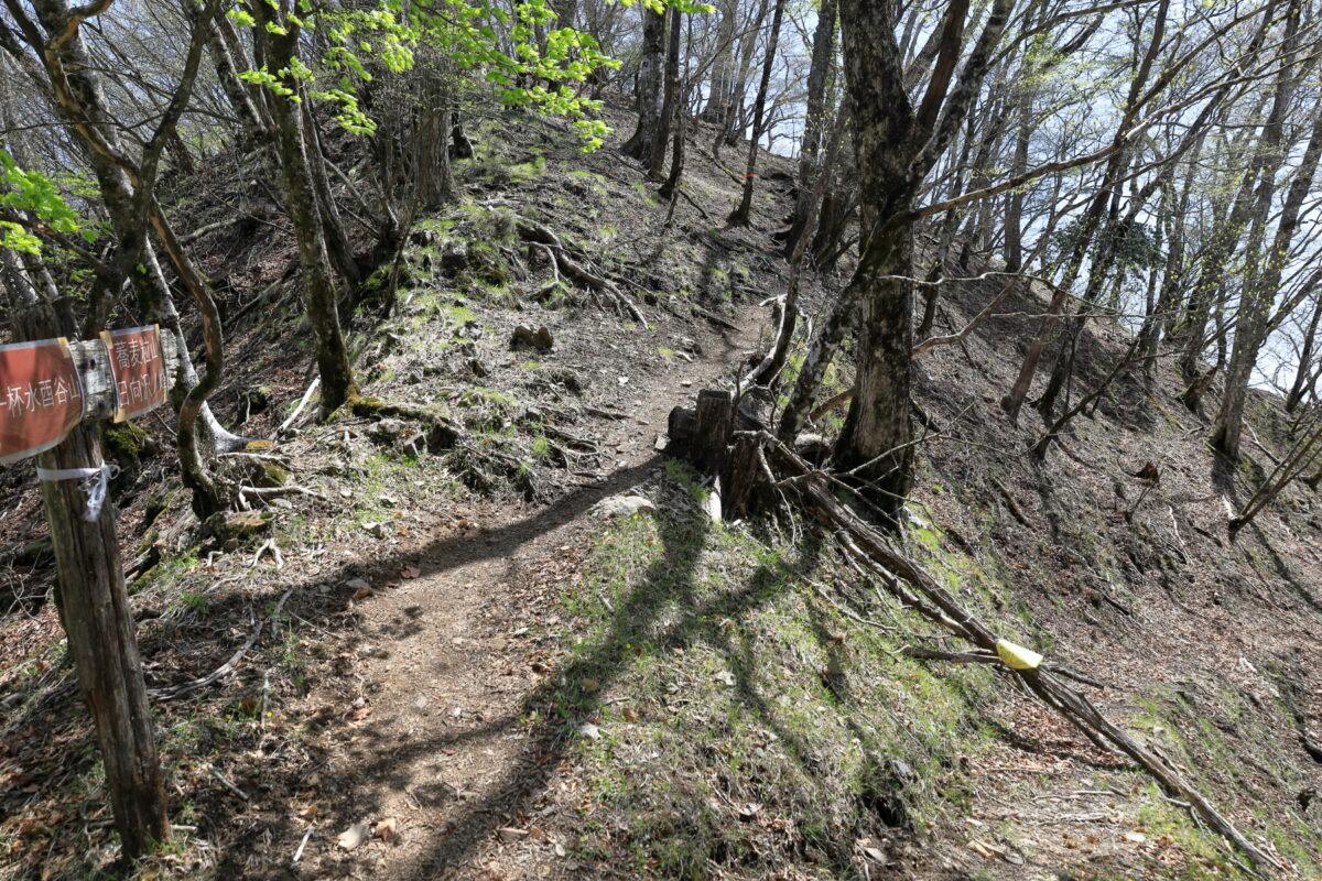 蕎麦粒山巻道との分岐、巻道は通行止め