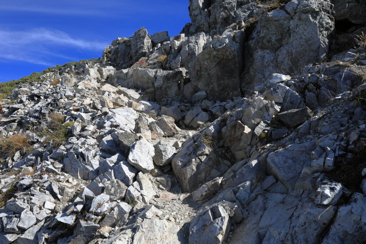 大きな岩や石が多い白馬岳山頂直下の急登