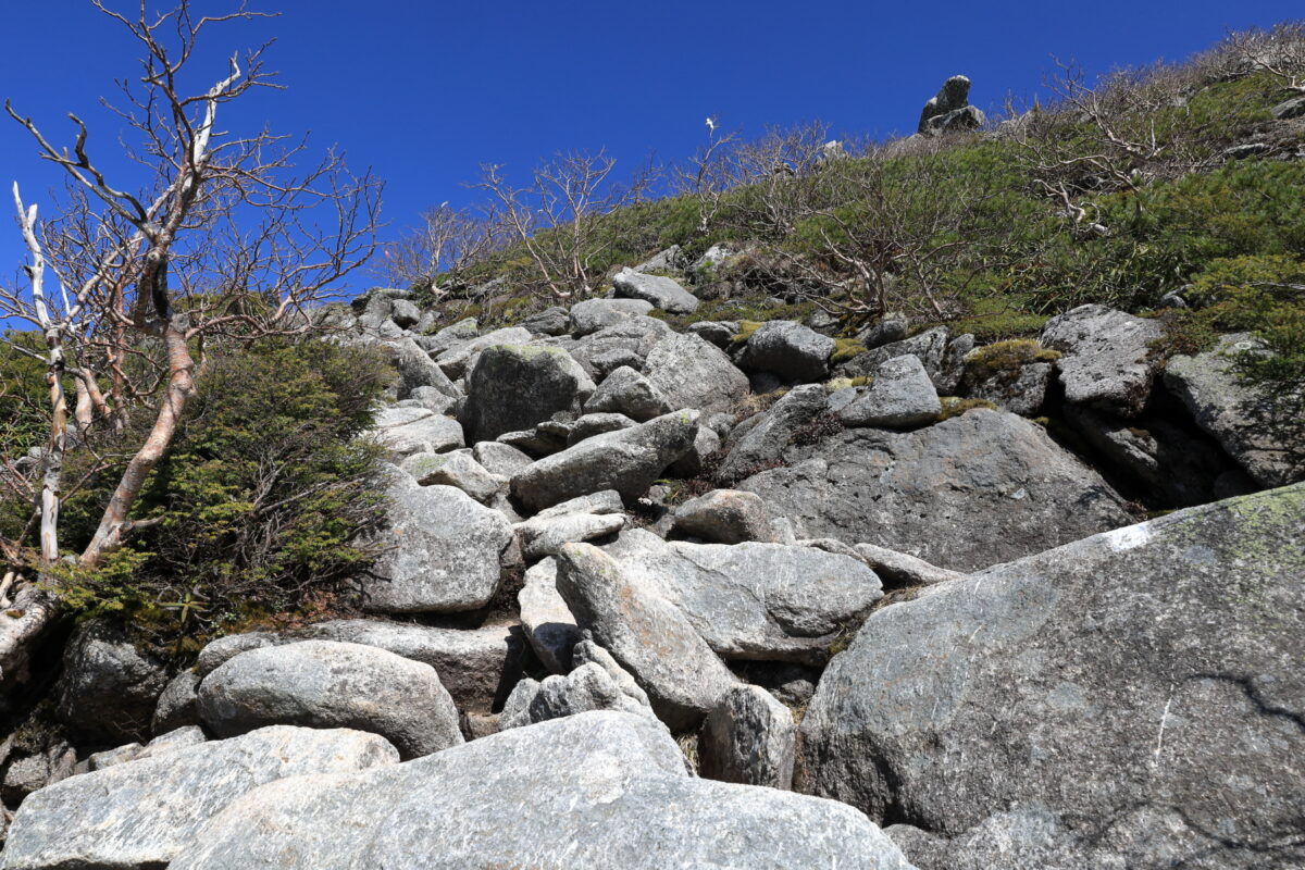大きな岩や石がゴロゴロしている五丈岩下の登山道
