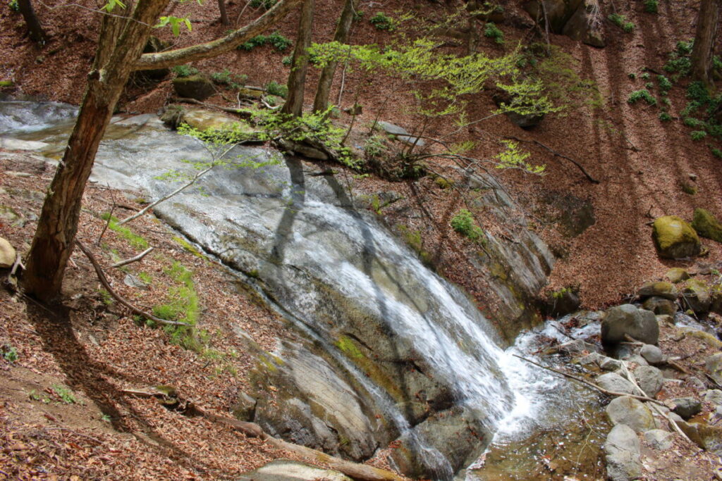 一枚岩を流れ落ちる沢の水（横から）