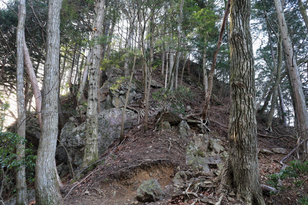大きな岩を超えていく鋸尾根の登山道